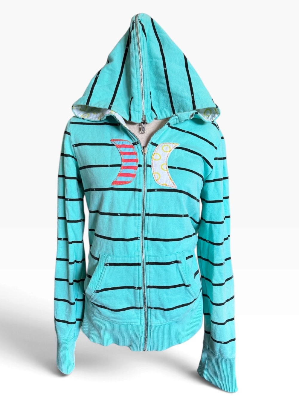 Y2K Hurley Reversible Mixed Print Turquoise Black-Striped Zip Hooded Sweatshirt